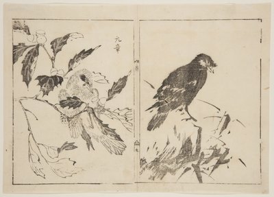 鳥や花を描いた作品2点（カラー木版画 作： Gensho Gensho