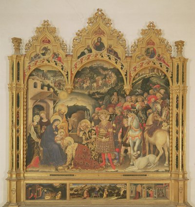 マジ祭壇画の礼拝、1423年（パネル上のテンペラ） 作： Gentile da Fabriano