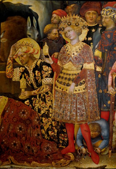 マギの崇拝の祭壇画（パラ・ストロッツィ） 二人の王を表す細部。ジェンティーレ・ダ・ファブリアーノ（ジェンティーレ・ディ・ニッコロ）（1370-1427）による絵画 1423年日。173x220cm。木にテンペラ。フィレンツェ、ガレリア・デッリ・ウフィツィ（ウフィツィ美術館 作： Gentile da Fabriano