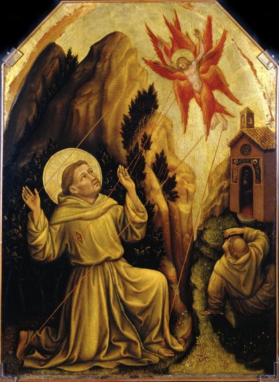 聖フランソワ - 聖痕を受ける聖フランソワ par gentile da Fabriano (ca 1370-1427).パネルにテンペラ、サイズ：87x64、1420年頃、マグナーニ・ロッカ財団、マミアーノ・ディ・トラヴェルセトロ 作： Gentile da Fabriano