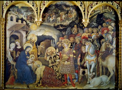ジェンティーレ・ダ・ファブリアーノ(1370-1427)作「木彫彫像マギの崇拝」 1423年。日。3x2,8 m フィレンツェ、ウフィツィ美術館 作： Gentile da Fabriano