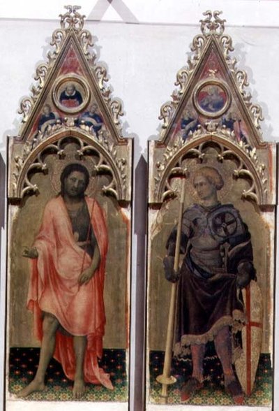 クオラテシ・ポリプティックの2人の聖人：洗礼者ヨハネと聖ゲオルギウス 1425年（パネルにテンペラ）（53943の詳細、85684も参照 作： Gentile da Fabriano