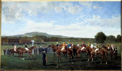 1877年にフォイ男爵から贈られたロンシャンに出発 競馬場でレースのスタート時に馬を準備。 Geo Arnull の絵画 (19 世紀) 1877 年。パリ、ソシエテの奨励 作： Geo Arnull