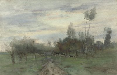 夕暮れ時に牛がいる田舎道 作： Geo Poggenbeek