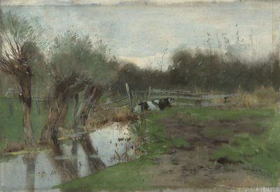 溝の近くに牛が横たわっている牧草地 作： Geo Poggenbeek
