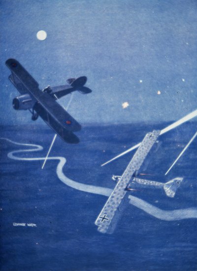 ブリストルの戦闘機が夜にロンドン上空でドイツのゴータ爆撃機を攻撃する (色リソ) 作： Geoffrey Watson