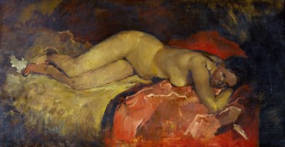 ""Nu Lange"" (リクライニングヌード) ジョージ・ヘンドリック・ブライトナー (1857-1923) 作 - 1887年頃 - キャンバスに油彩 - 薄暗い 134x224,5 cm デン・ハーグ市立美術館 (デン・ハーグ) オランダ 作： Georg Hendrik Breitner