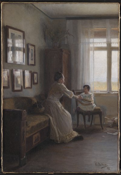 アーティストの妻と子のいるインテリア 作： Georg Achen