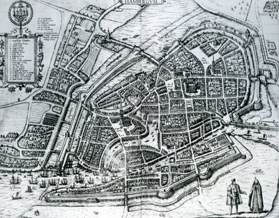「世界の都市」からのハンブルクの地図 作： Georg Braun und Franz Hogenberg
