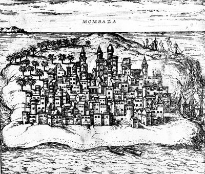 1572年に483404の彫刻の詳細を公開した、ゲオルクブラウンズチビテーツオルビステララムからのモンバザの眺め 作： Georg Braun und Franz Hogenberg