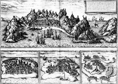 1572年に出版されたGeorg Braunの「Civitates orbis terrarum」からのアデン、モンバザ、キロア、チェファラの眺め 作： Georg Braun und Franz Hogenberg