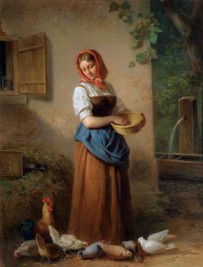 ニワトリやハトに餌をやる女の子 作： Georg Decker