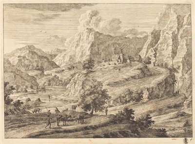 人物と修道院のある山岳風景 作： Georg Eisenmann