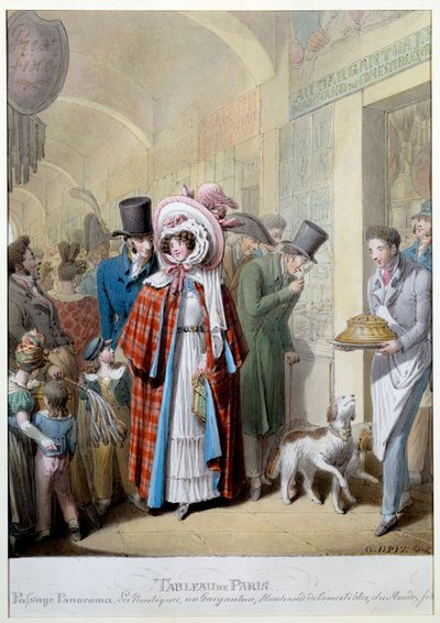 パッセージ・パノラマ：「Au gargantua: merchant de edible du Mondains, passers-by, mercant and misereux in a gallery of the 3rd arrondissement.ジョージ・エマニュエル・オピッツ（1775-1841）によるエングレーヴィング 19世紀 パリ、カルナヴァレ美術館 作： Georg Emanuel Opitz