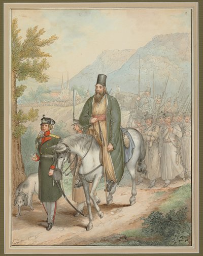 馬に乗った司祭を伴うロシアの兵士、 作： Georg Emanuel Opitz
