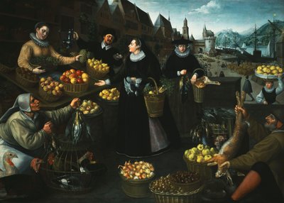 秋の寓話：フランクフルトのワインマルクトの上の果物と野菜の屋台、 作： Georg Flegel