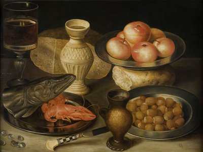 ジークブルクの石器の水差し、ガラス、ナイフ、2つのパン、17世紀初頭の静物。 作： Georg Flegel