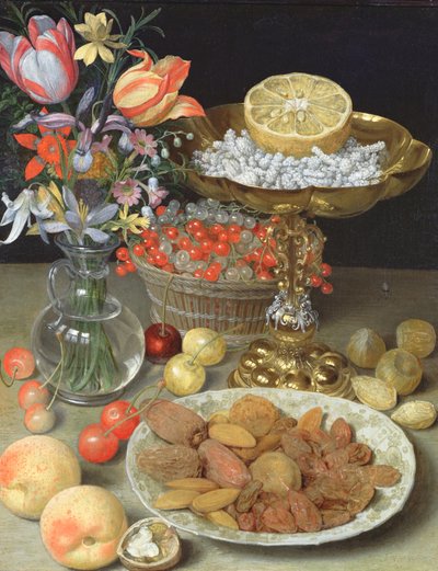 花とデザートのある静物 作： Georg Flegel