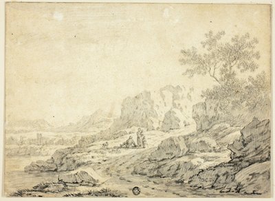 岩の多い風景と道行く人物と犬 作： Georg Friedrich Dietzsch