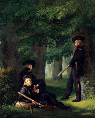 "Les avant-poste" (Portraits de Theodor Koerner (1791-1813, poete et militaryitaire prussien), Karl Friedrich Friesen (1784-1814, educateur et franc tireur) et Heinrich Hartmann) Peinture de Georg Friedrich Kersting (1785-1847) 1815 Dim 46x35 cm 作： Georg Friedrich Kersting