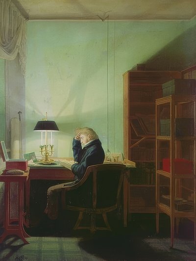 ランプの光で読書。 1814 作： Georg Friedrich Kersting