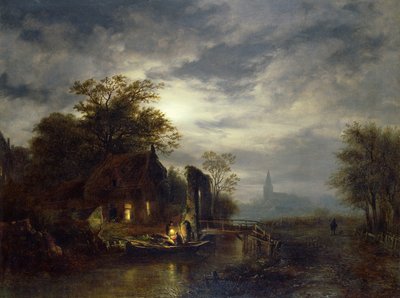 ボートを降ろす人物と月明かりに照らされた川のシーン 作： Georg Gillis van Haanen