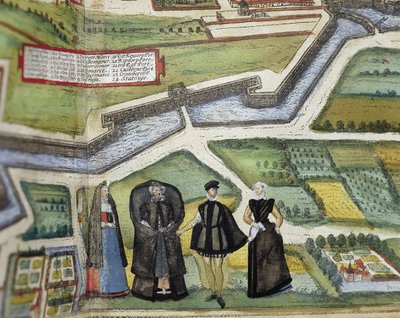 ブラウン，ジョージ（1541-1622）。オルテリウス，アブラハム（1527-1598）。ホーゲンベルク，フランツ（1535-1590）。Civitatis Orbis Terrarum (Theatrum orbis terrarum). 1572-1617. アントワープ(1572)。下部詳細。エッチング。スペイン、カスティーリャとレオンサラマンカ.サラマンカ大学 作： Georg Hogenberg Franz (1535 90) & Ortelius Abraham (1527 98) Braun