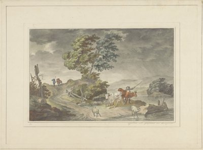 脅迫的な空を背景に牛飼いと歩行者がいる丘陵の風景 作： Georg Lamprecht (possibly)