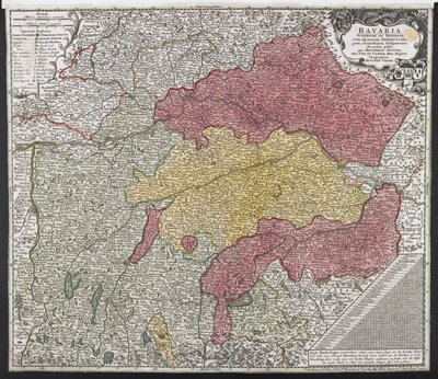 バイエルンの地図、1757年頃（色付きの彫刻） 作： Georg Matthäus Seutter
