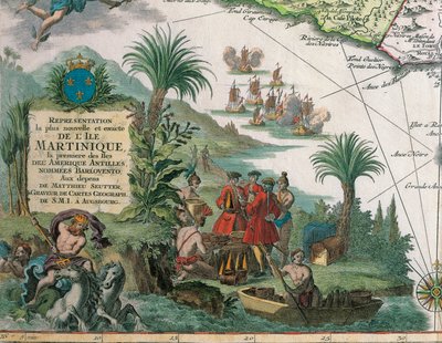 Matthieu Seutterが作成したマルティニークの地図、詳細。商人とネイティブアメリカン・インディアン 作： Georg Matthäus Seutter