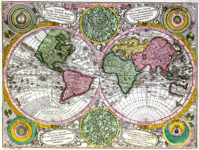 世界地図と天球儀 作： Georg Matthäus Seutter