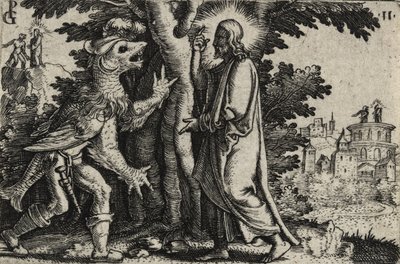 砂漠の悪魔に誘惑されたキリスト（敷き紙に彫刻） 作： Georg Pencz