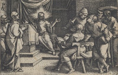 神殿で医者と一緒にいるキリスト、『キリストの物語』、1534-35年。 作： Georg Pencz