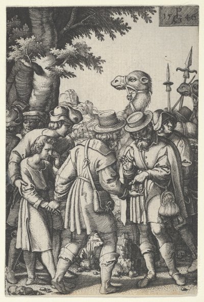 商人に売られたジョセフ、『ジョセフの物語』、1546 年。 作： Georg Pencz