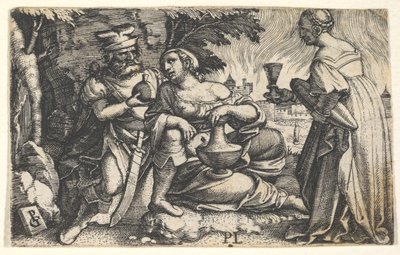 ロトと彼の娘たち：中央にいる娘が右腕をロッツの膝と膝の上に置いています... 1531。 作： Georg Pencz