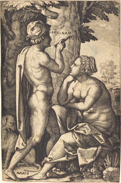 オイノーネに愛の言葉を書くパリス 作： Georg Pencz