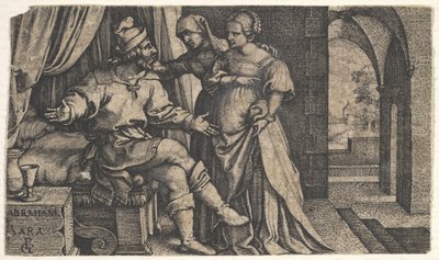 シリーズ...から、ベッドのふもとに座るアブラハムにハガールを紹介するサラ。 1543年。 作： Georg Pencz
