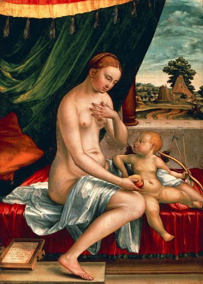 ヴィーナスとキューピッド、Georg Pencz (1500-1550 年頃)、パネルに油彩、47x34 cm、1528 年頃 作： Georg Pencz