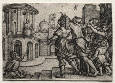 バスケットに掛かっているヴァージル、c.1541-42。 作： Georg Pencz