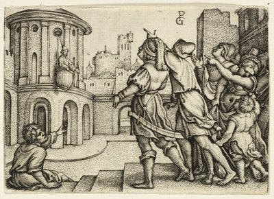 かごにぶら下がっている魔術師ウェルギリウス 作： Georg Pencz