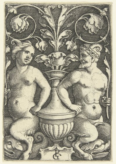 女性と男性のサテュロス グロテスクと巻物による表面装飾（連載タイトル） 作： Georg Pencz