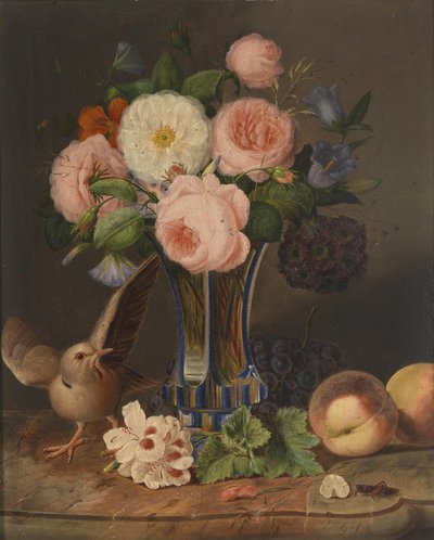 鳥とバッタのある花の静物 作： Georg Seitz