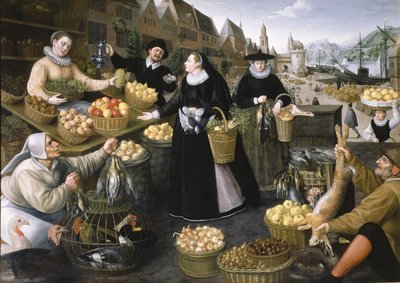 秋のアレゴリー: フランクフルト・アム・マインのヴァインマルクトの上にある果物と野菜の屋台 作： Georg and Valkenborch Lucas Van Flegel