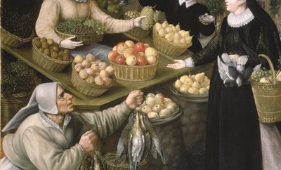 秋のアレゴリー: フランクフルト・アム・マインのヴァインマルクトの上にある果物と野菜の屋台 作： Georg and Valkenborch Lucas Van Flegel