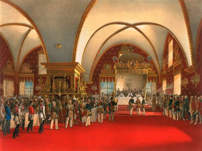 1856年、モスクワのクレムリンにあるファセットの宮殿のホールでの戴冠式の宴会。 作： Georg Wilhelm Timm