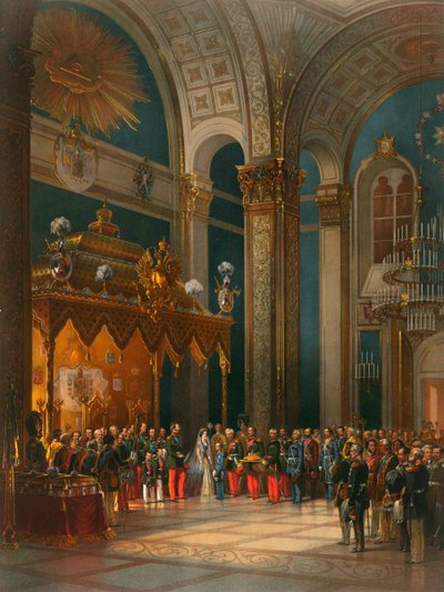 王座のコサック将校のオマージュ、1856年、モスクワの皇帝アレクサンドル2世の戴冠式。 作： Georg Wilhelm Timm