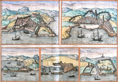 タンジール、サフィ、セウタ、アシラー、サレ、モロッコ、ブラウンとホーゲンベルクによる本「Civitates orbis terrarum」より。出版年1572年、ケルン。 作： Georg Braun und Franz Hogenberg