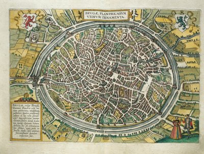 ベルギー、ケルンのゲオルグ・ブラウン（1541-1622）とフランツ・ホーゲンベルグ（1540-1590）の『Civitates Orbis Terrarum』からのブルージュ地図、エングレービング 作： Georg Braun and Hogenberg Franz