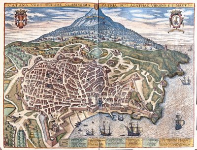 イタリア、シチリア島、エトナを背景にしたカターニア（彫刻作品 作： Georg Braun and Hogenberg Franz