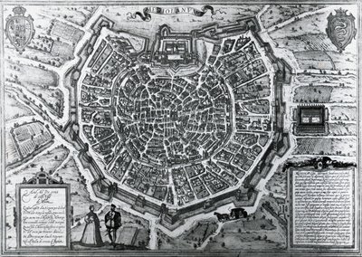 アントニオ・ラフレリ（1512-1577）が1572年に作成したミラノの都市地図（イタリアのゲオルク・ブラウンとフランツ・ホーゲンベルグが発行したもの 作： Georg Braun and Hogenberg Franz